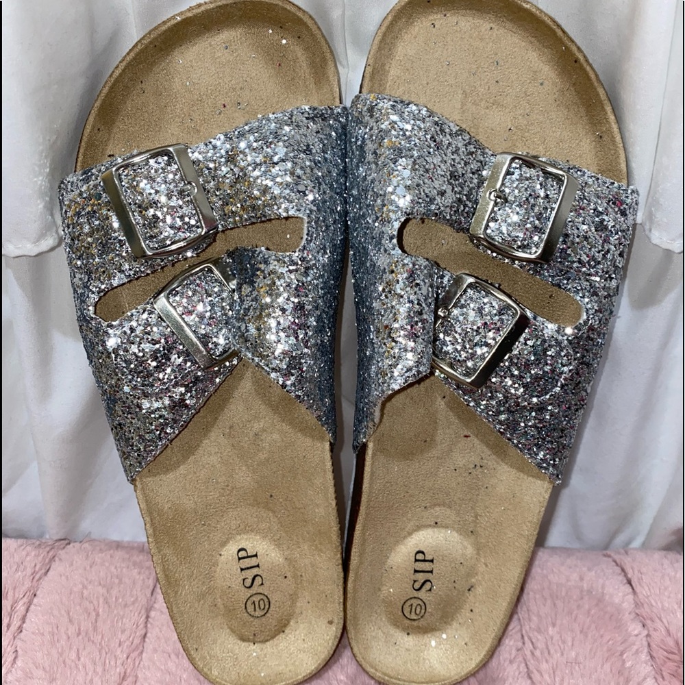 Silver Glitter Buckle Slides